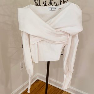 DO + BE white long sleeve with cross ruching